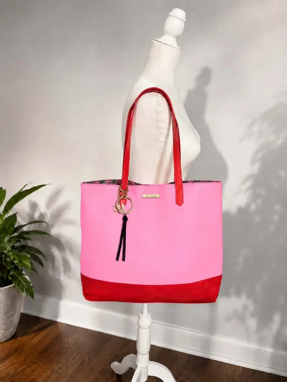 Juicy Couture Pink and Red Tote Bag with Gold Logo and Charm